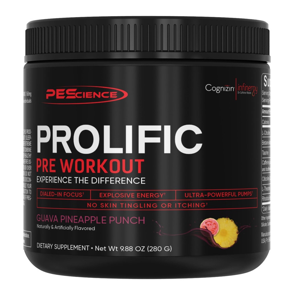 PEScience Prolific Pre Workout Pulver til mænd og kvinder med L- Citrullin Nitroxide Booster, Energy Powder & Nootrop for Focus - Fortræning uden Beta Alanine - 40 Scoops, Guava Pineapple Punch
