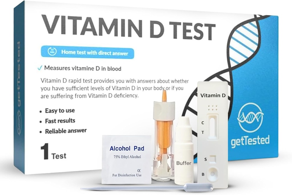 getTestede D-vitamin testsæt derhjemme - Self Test for D-vitamin mangel - hurtige, nøjagtige resultater - Let at bruge - Ingen Lab påkrævet - Inkluderer Lancet Buffer Kassette - Finger Prick Blood Test