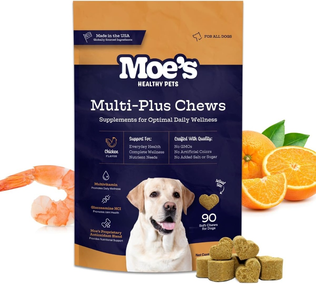 Moe 's 5- in-1 Essential Hund Multivitamin 90 Chicken Flavored Chews for Hundens immunforsvar, Heart, Hud, Coat, & Samlet Health- Vitaminer A, B12, C, D, E, Antioxidanter, Omega 3 for alle aldre & racer