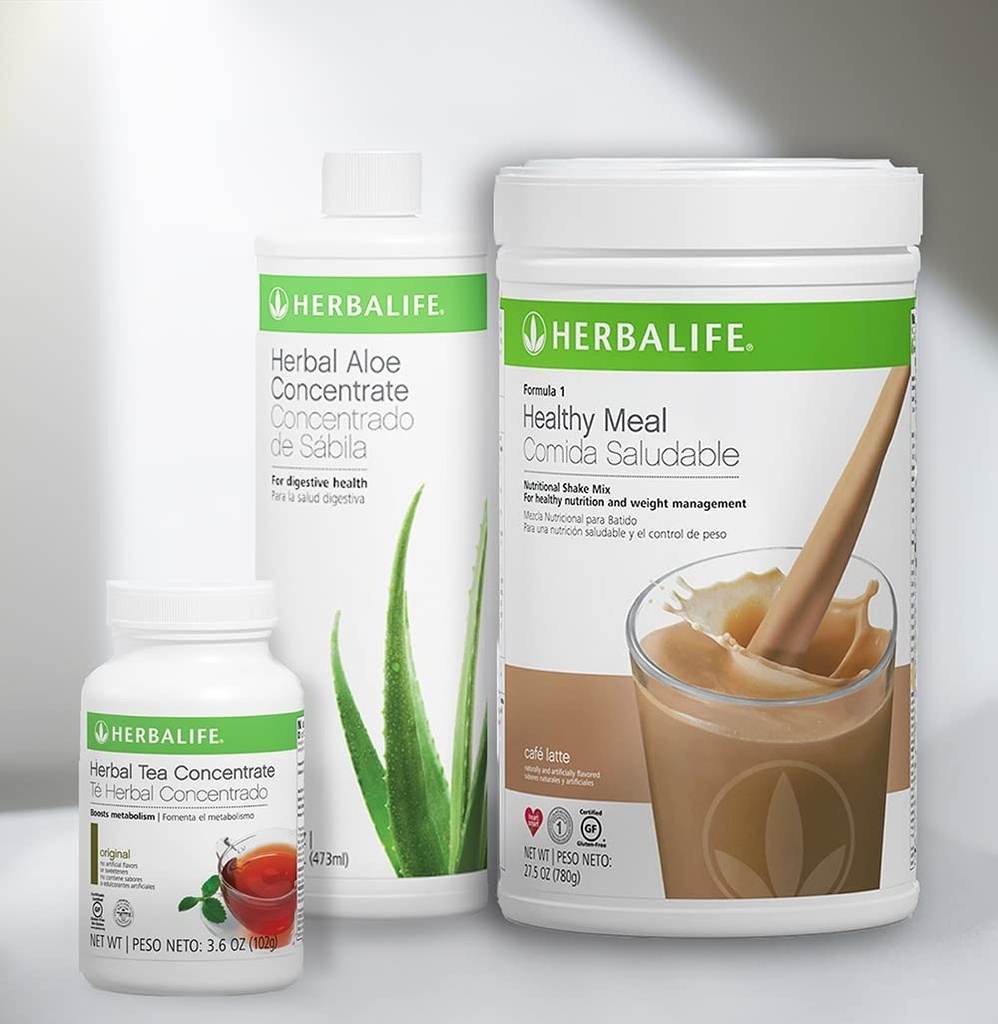 Trio Combo HERBALIFE Formel 1 Sund Nutritional Shake Mix (Cafe Latte 780g) -Urte Aloe koncentrat Pint (Original 473ml) - Urte te te koncentrat (Original 102g)