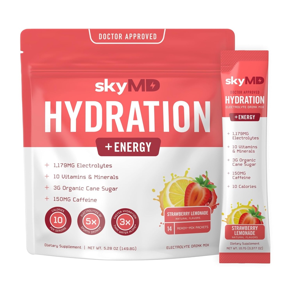 SkyMD Hydration + Energy Note 124; Elektrolytter Powder Packets • 124; Lavsukker, Natrium, 10 kalorier • 124; 10 Vitaminer & mineraler • 124; 150g Koffein til øget fokus og ydeevne • 124; Jordbær Lemonade • 124; 14 Sticks