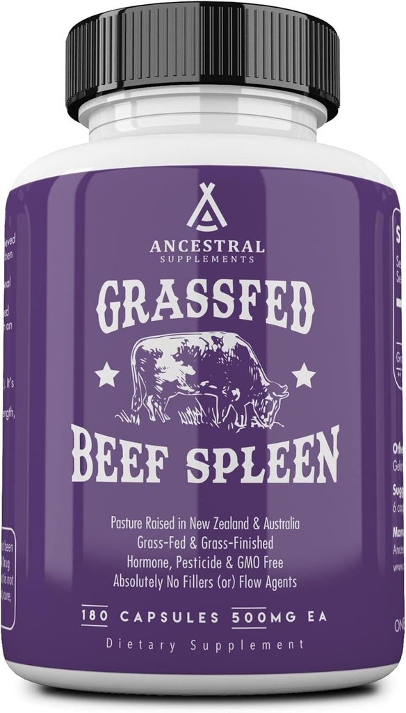 Ancestral Kosttilskud Græs Fed Beef Spleen Supplement, 3000mg Oksekød orgel Spleen Support Formel fremmer fordøjelse, immunforsvar, jern, energi og allergi sundhed, ikke GMO, 180 kapsler