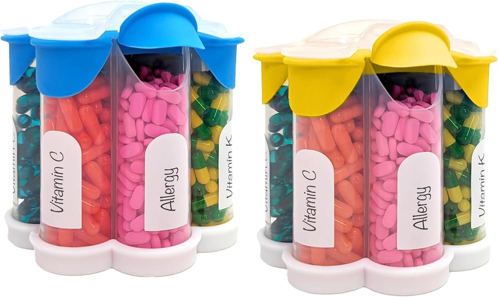 Ekstra Stor Pill Organizer Daglig, Ugentlig, Månedlig Supplement Flaske, Cute Blossom Pill Dispenser med 7 XL kompartmenter (2 Pack Combo) (lys blå og gul)