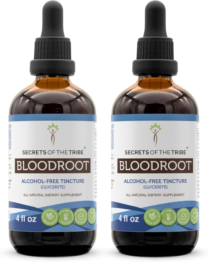 Secrets of the Tribe Bloodroot Alcohol- Free Tincture Extract, Responsible avlede Bloodroot (Sanguinaria Canadensis) Tørret rod (2x4 fl oz)
