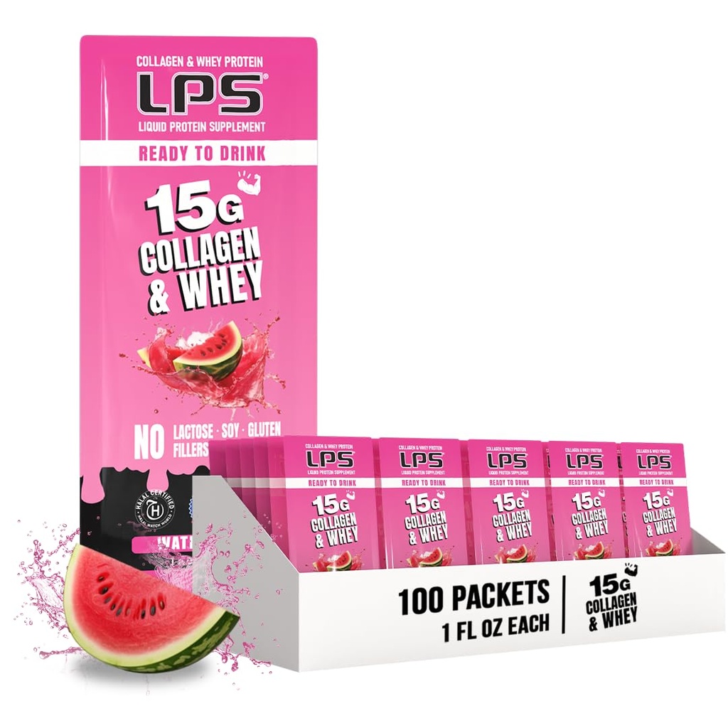 Ernæringsmæssige designs LPS flydende kollagen & whey protein supplement - ikke-GMO drik, sukkerfri - fremmer sund hud & hår til mænd & kvinder, Watermelon, Single Serve (100 Pakker)