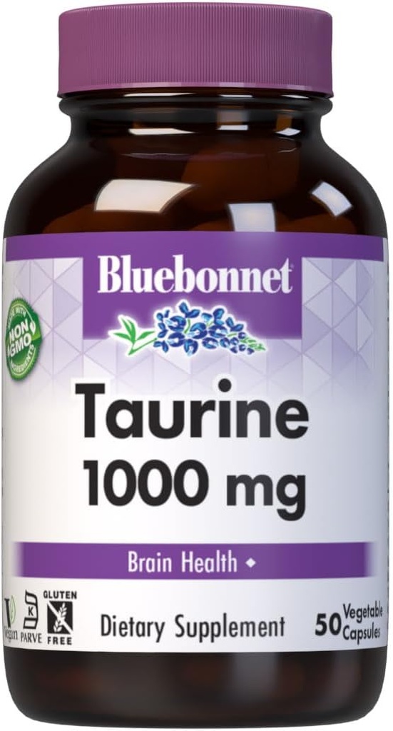 Bluebonnet Nutrition Taurine 1000 mg, Nervesystemet Sundhed *, Non- GMO, Vegan, Kosher Certified, Gluten- Free, Soy- Free, 50 Vegetabilske kapsler, 50 Servere