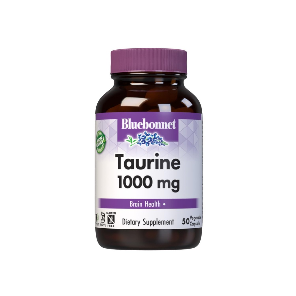 Bluebonnet Nutrition Taurine 1000 mg, Nervesystemet Sundhed *, Non- GMO, Vegan, Kosher Certified, Gluten- Free, Soy- Free, 50 Vegetabilske kapsler, 50 Servere