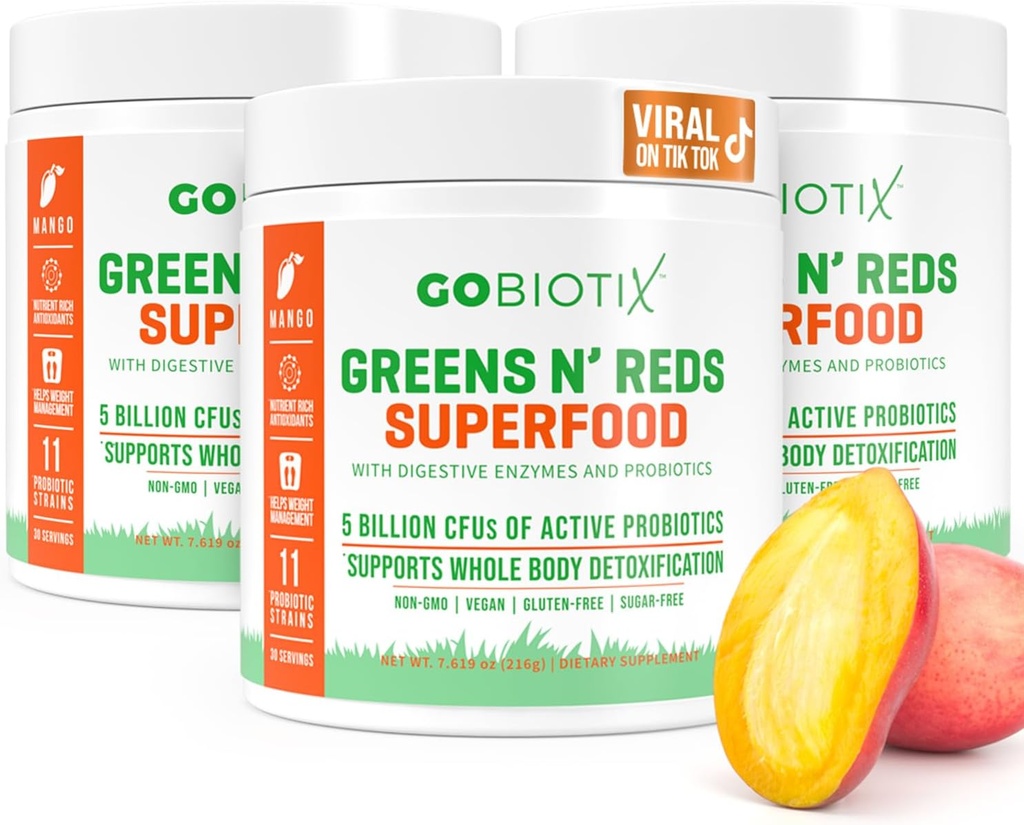 GOBIOTIX Super Green and Red Powder - rød og grøn superfood - Probiotisk supplement - fordøjelsesenzymer og root pulver - økologiske hele fødevarer kosttilskud (Mango, 3 Pack)