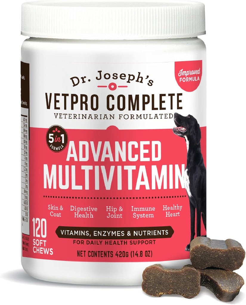 Dr. Josefs VetPro Complete Multivitamin Dog Supplement, 120 Greve (Stor Hund 60 Day Supply), 5in1 Chew med vitaminer, enzymer & næringsstoffer, Hip & fælles sundhed, immunsystem & Allergy Support
