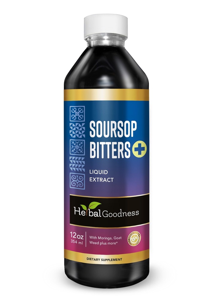 Herbal Goodness Soursop Bitters Liquid Drops, 10 i 1 med Moringa, Papaya, Burdock & Ginger, Organic Serene Soursop Bitters - Gut Support & Natural Body Detox Herbal Tonic Buddy 124; Vegan, Non- GMO, 12 Fl Oz