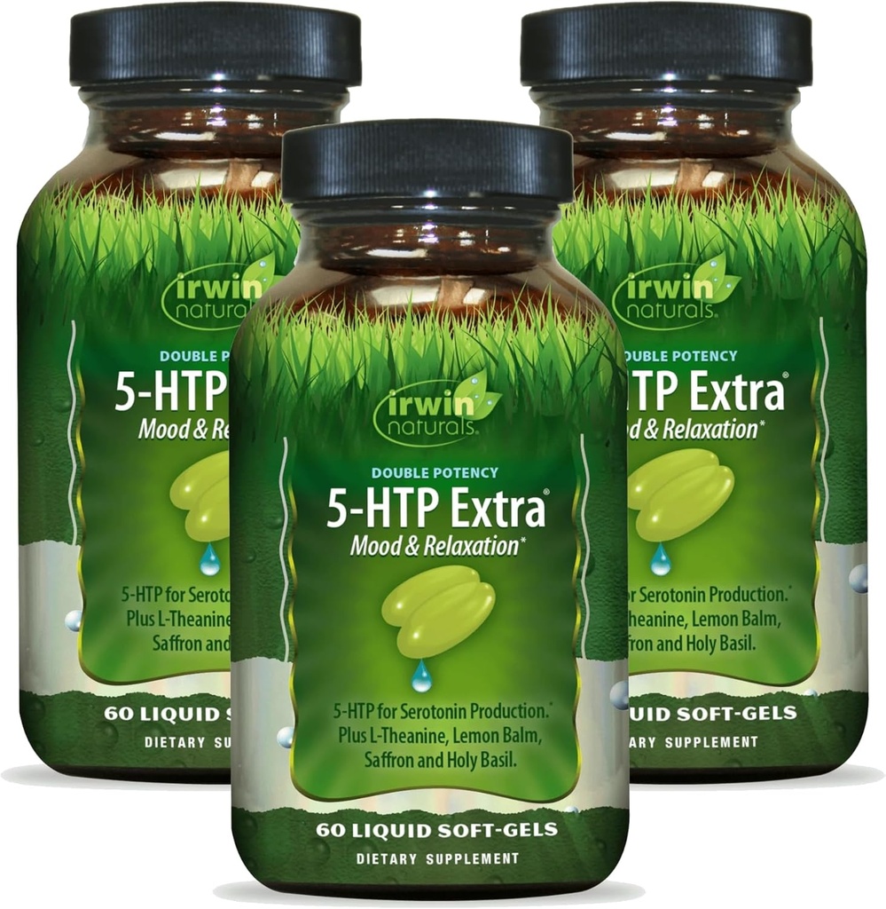 Irwin Naturals Double Potency 5- HTP Extra - 60 Flydende Soft- Gels, Pack af 3 - for Afslapning & Serotonin Produktion - 90 Total Servering