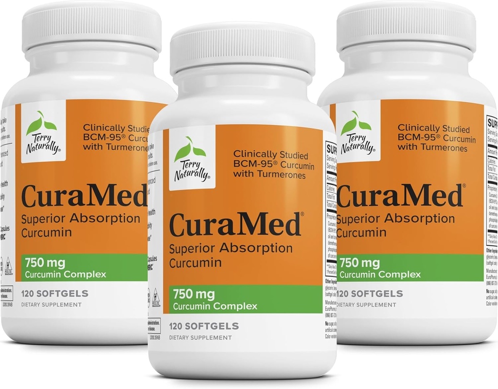Terry naturligt CuraMed 750 mg - Antioxidant supplement til hjerne & hjerte sundhed - tillæg med høj potens Curcumin kompleks - Nyre, lever & immunforsvar - 120 Softgels (pakke med 3)