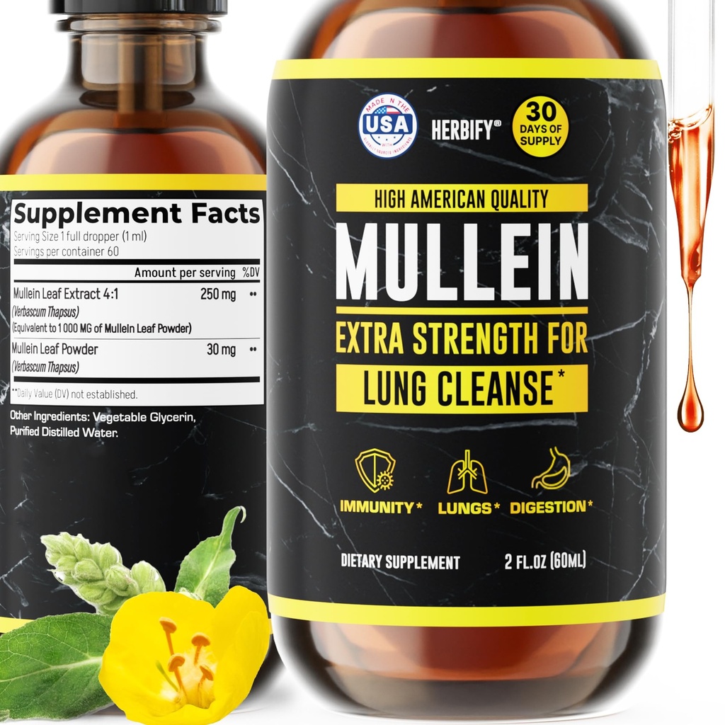 HERBIFY Mullein Extract 2 oz Tincture for Respiratory Health, Mullein Leaf og blomster Blend (Verbascum Densiflorum)