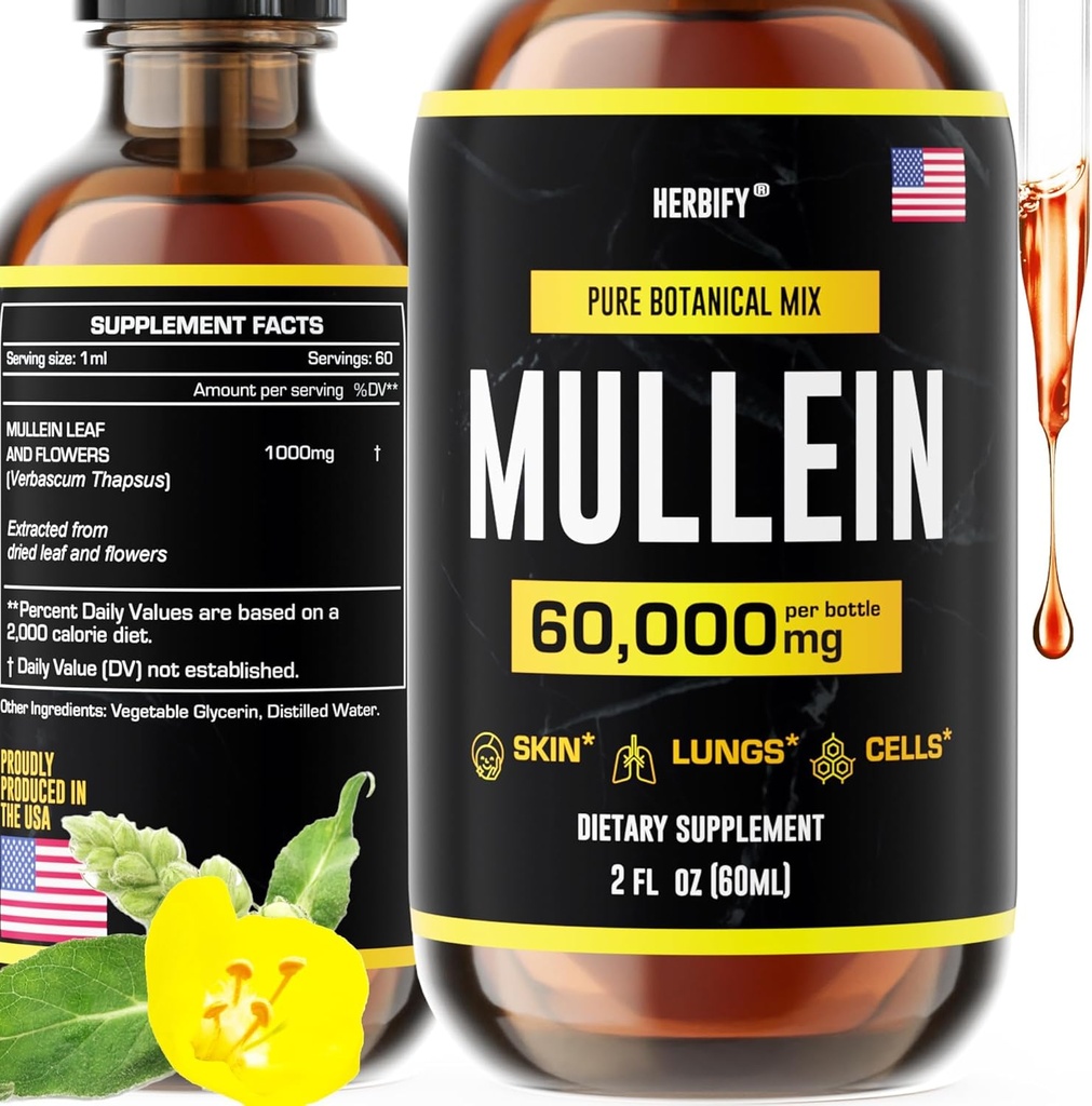 HERBIFY Mullein Extract 2 oz Tincture for Respiratory Health, Mullein Leaf og blomster Blend (Verbascum Densiflorum)