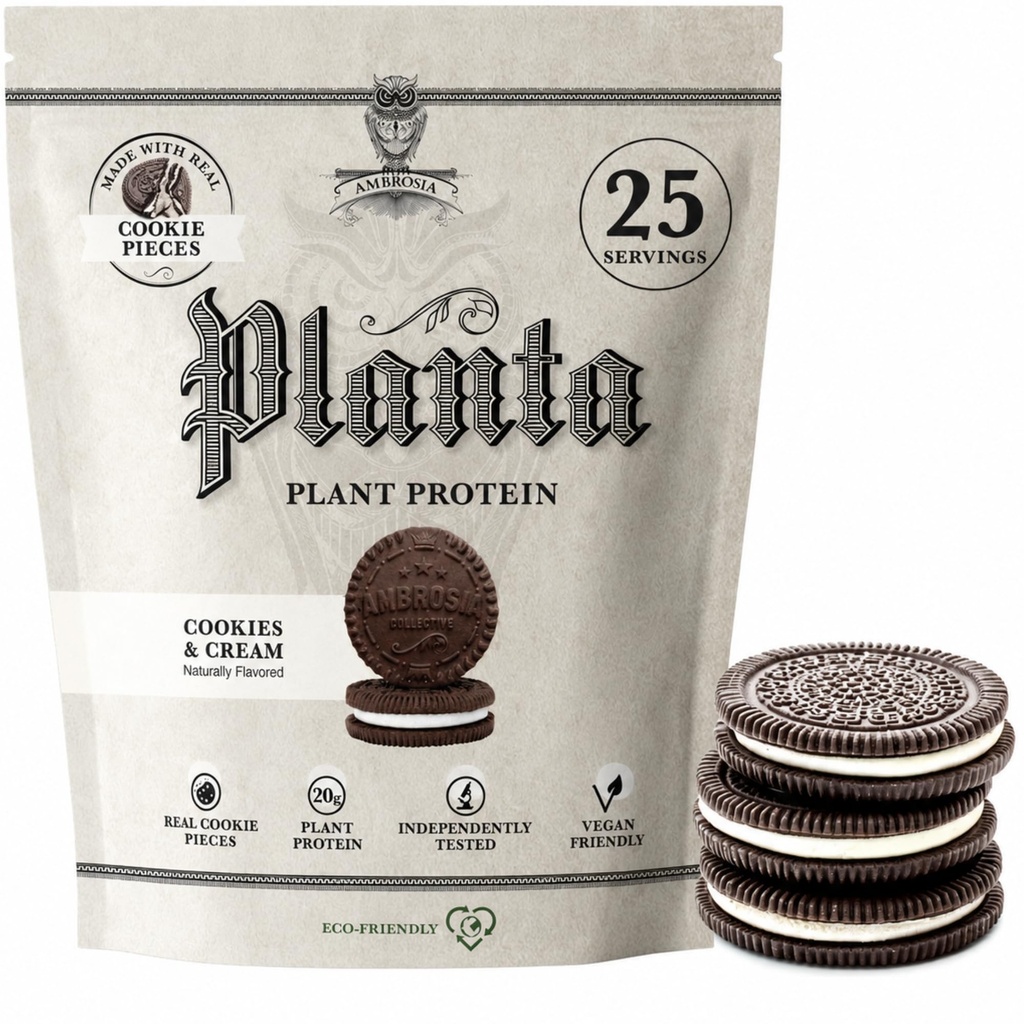 Ambrosia Planta - premium Plant- baseret protein124; Vegan & Keto Friendly against 124; Gourmet flavors med ingen bloating eller stomach Upset Dex124; Gluten & Soy Free Dex124; Ingen Tilføjet sukker Dex124; 25 Servering Dex124; Cookies Cream