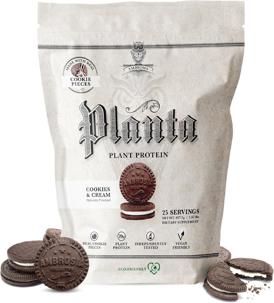 Ambrosia Planta - premium Plant- baseret protein124; Vegan & Keto Friendly against 124; Gourmet flavors med ingen bloating eller stomach Upset Dex124; Gluten & Soy Free Dex124; Ingen Tilføjet sukker Dex124; 25 Servering Dex124; Cookies Cream