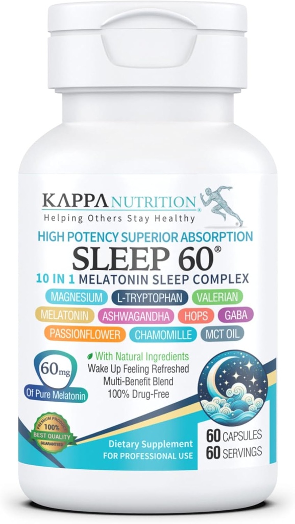 KAPPA NUTRITION Sleep 60, Sleep Aid, 60mg Melatonin, 60- Day Supply, Non-Habit Forming Vegansk Kapsler Naturlige ingredienser til lettere sengetid, Urtetilskud, Valerian Root, Kamille Non- GMO