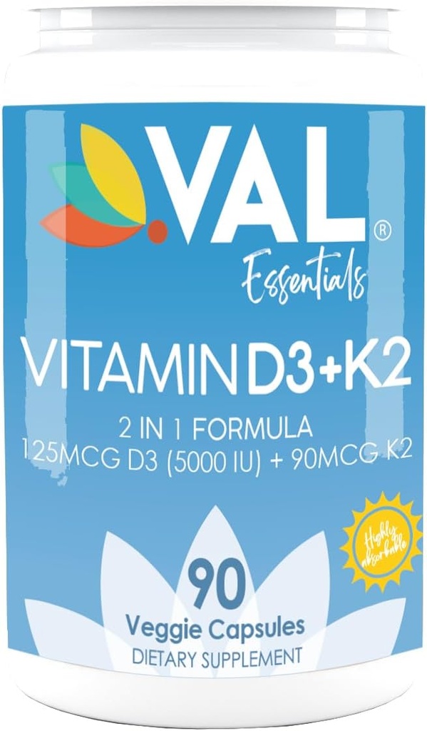 VAL D3 vitamin + K2 (MK- 7) 5000 IE & 90 mcg - Bone & Heart Health Support - High Potency, Non- GMO, Let at synke - 90 Vegan kapsler - D3 K2 Supplement Made in USA