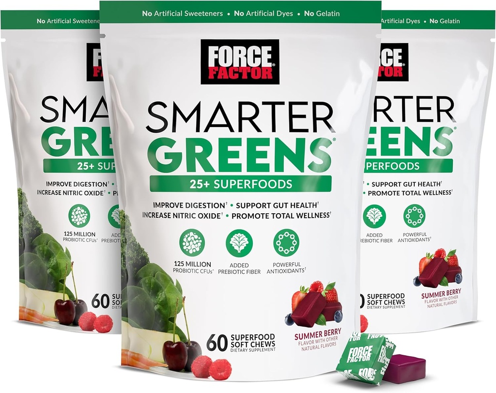 FORCE FACTOR Smarter Green Superfood Chews, 3-Pack, Grønne og Superfoods med Probiotika, Antioxidanter, og Fiber, Grønne supplement til støtte fordøjelse, nitrogenoxid, og energi, 180 Chews
