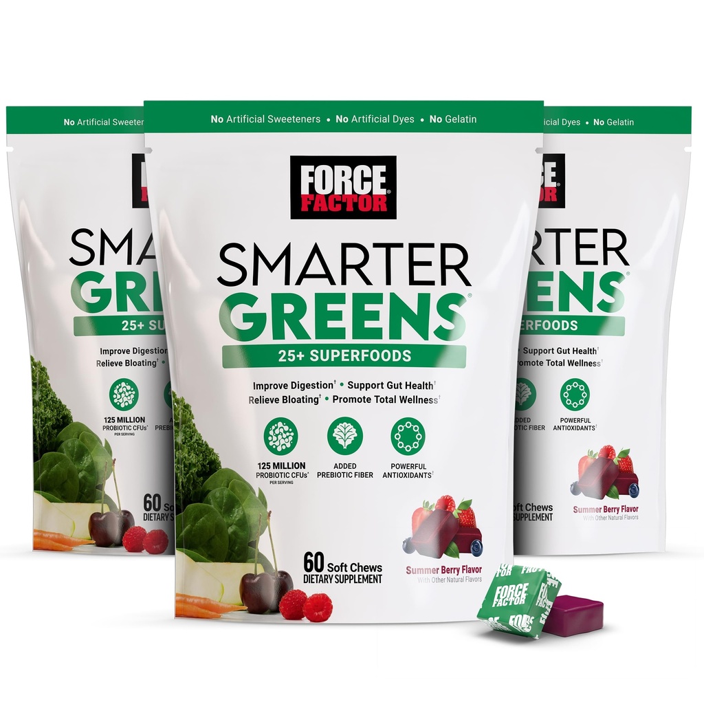 FORCE FACTOR Smarter Green Superfood Chews, 3-Pack, Grønne og Superfoods med Probiotika, Antioxidanter, og Fiber, Grønne supplement til støtte fordøjelse, nitrogenoxid, og energi, 180 Chews