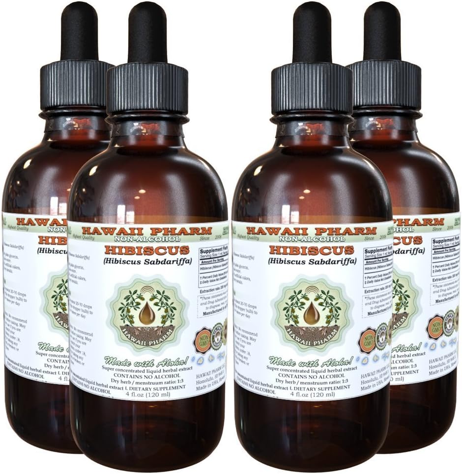 Hibiscus Alkohol- Free Liquid Extract, Organic Hibiscus (Hibiscus Sabdariffa) Tørret blomst Glycerit Hawaii Pharm Natural Herbal Supplement 4x4 oz