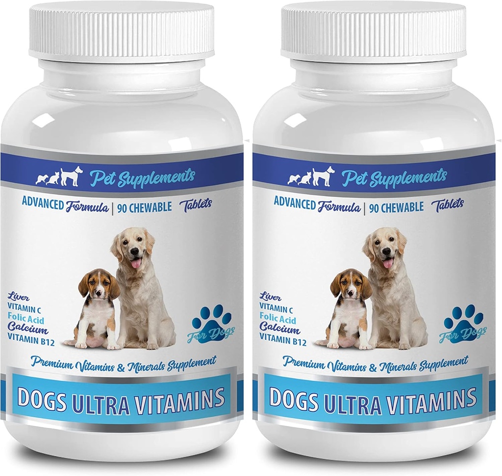 Knoglestøtte til hvalpe - Hunde Ultra Vitaminer - CHEWABLE - Advanced Formel - Premium Minerals - Hund Calcium Bones - 2 Flaske (180 Chews)