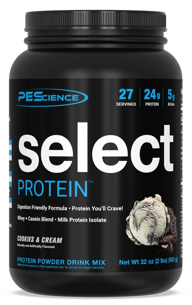 PEScience Select Protein Powder, Whey og Casein Blend, Clean Protein Powder for kvinder og mænd, lav kalorie, lav carb, Keto Friendly, Gluten Free - Cookies og Cream - 27 Servere