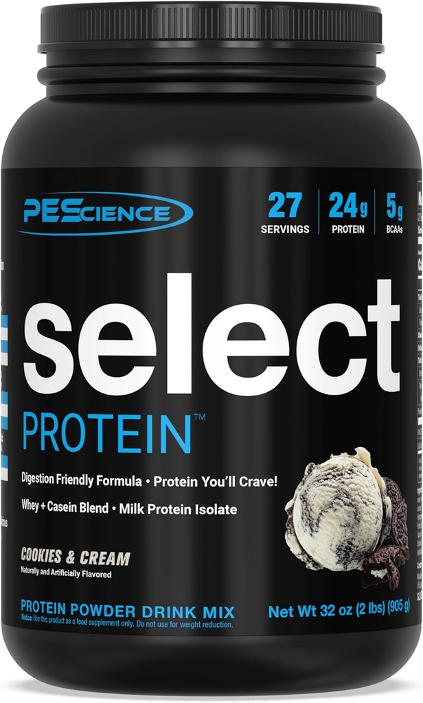 PEScience Select Protein Powder, Whey og Casein Blend, Clean Protein Powder for kvinder og mænd, lav kalorie, lav carb, Keto Friendly, Gluten Free - Cookies og Cream - 27 Servere