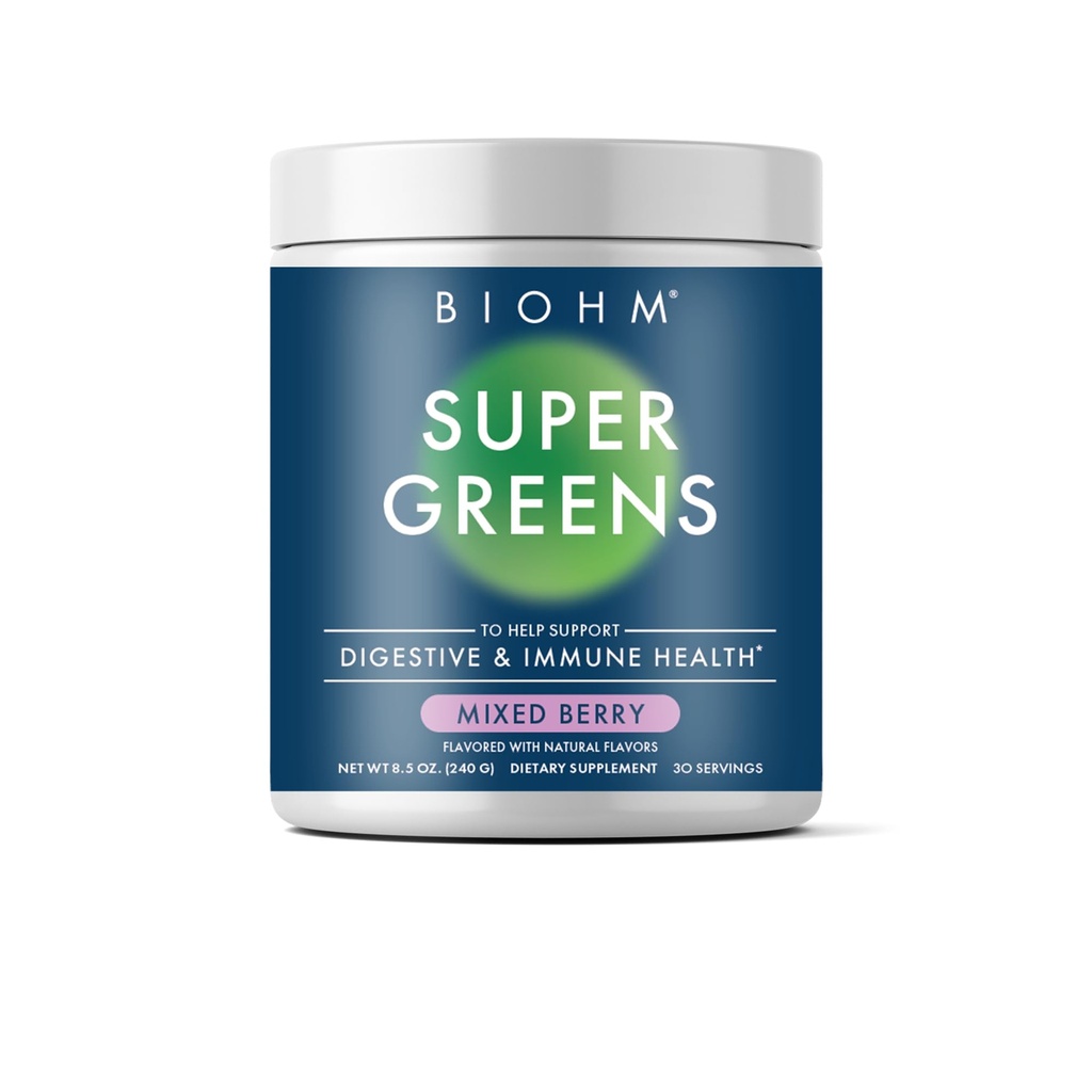 BIOHM Super Green, Green Superfood Powder (8.5 Oz, 30 Servere) Antioxidant Veggie Powder & Smoothie Mix, 34 Superfoods & Spirulina, fordøjelige enzymer, Prebiotika og probiotika, blandet berry flavor