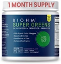 BIOHM Super Green, Green Superfood Powder (8.5 Oz, 30 Servere) Antioxidant Veggie Powder & Smoothie Mix, 34 Superfoods & Spirulina, fordøjelige enzymer, Prebiotika og probiotika, blandet berry flavor