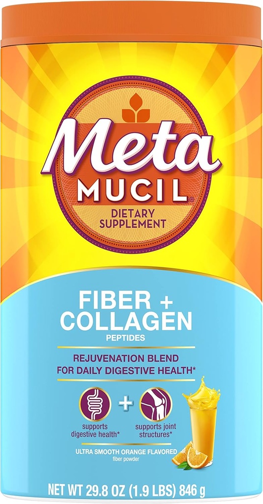 Metamucil Daily Fiber + Collagen, Psyllium Husk Powder, Plant Based Fiber Supplement, Sugar- Free with Stevia, 3- in-1 Fiber Supplement for fordøjelsessygdomme, Orange Smagen, 90 Doser