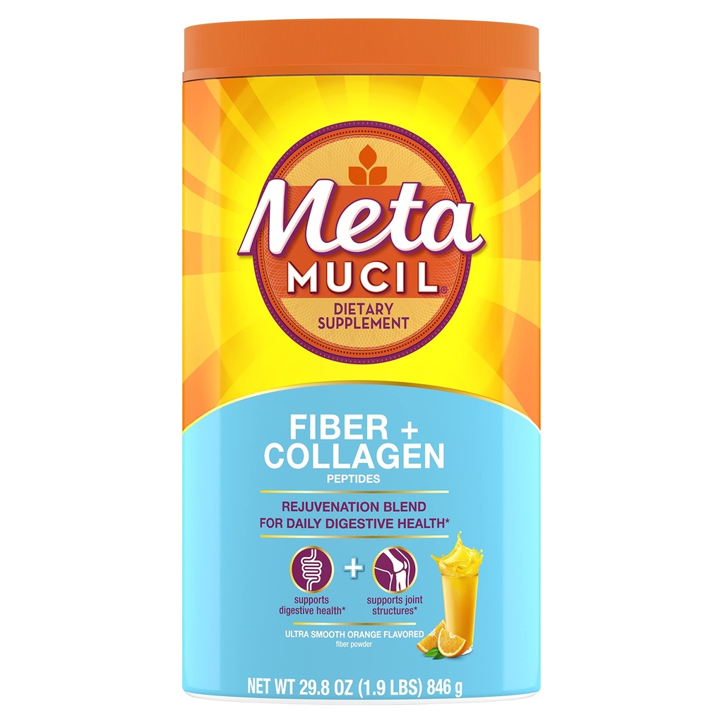 Metamucil Daily Fiber + Collagen, Psyllium Husk Powder, Plant Based Fiber Supplement, Sugar- Free with Stevia, 3- in-1 Fiber Supplement for fordøjelsessygdomme, Orange Smagen, 90 Doser