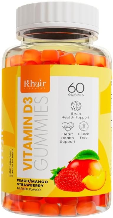 Khair Halal Vitamin D3 Gummies for Bone & Muscle Support - Non- GMO, Gluten & Gelatine Gratis, Vegetarisk, Halal- Certificeret, Natural Mango, Peach & Strawberry Flavors - 60 Gummies