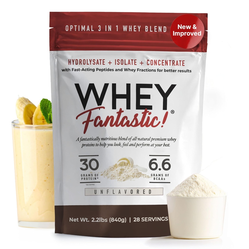 3-in-1 Whey Protein Powder Unflavored 2.2lb - 30g Grass- Fed Protein fra Whey Hydrolysat, Isolere og koncentrere pr Servering - Non-GMO, Soy- Free, Sugar- Free - 28 Servere
