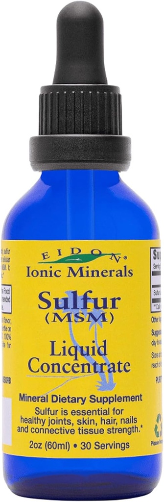 Eidon Ionic Minerals Flydende svovl koncentrat - Ionic MSM Sulfur Drops Supplement, Understøtter Glat hud & Glossy Hår, Ingen konserveringsmidler eller tilsætningsstoffer - 2 Oz flaske