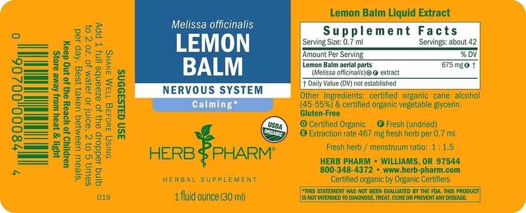 Herb Pharm Certified Organic Lemon Balm Liquid Extract for Calming Nervesystemet Support, Organic Cane Alkohol, 1 Ounce (Pack of 5)