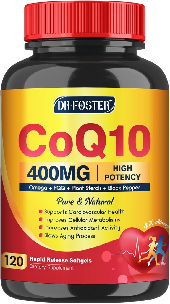 CoQ10 400mg SoftGels COQ10 - CQ10 Coenzym Q10 Supplement, Plus PQQ, Omega 3, og E-vitamin, for hjerte og cellulær energi, 120 Servere