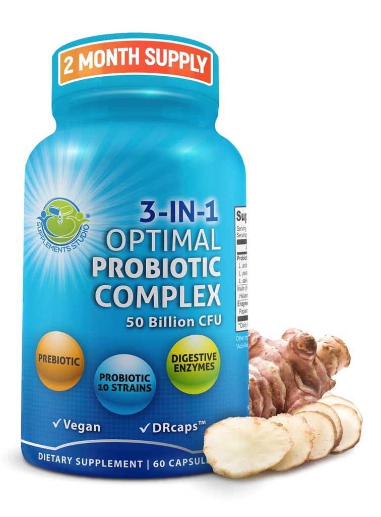 Probiotika med fordøjelsesenzymer og præbiotika til kvinder og mænd - 3-in-1 Vegansk Probiotisk Prebiotisk Multi-enzymer Complex for Gut Health - Maksimal Absorption Forsinket - Udløsningskapsler