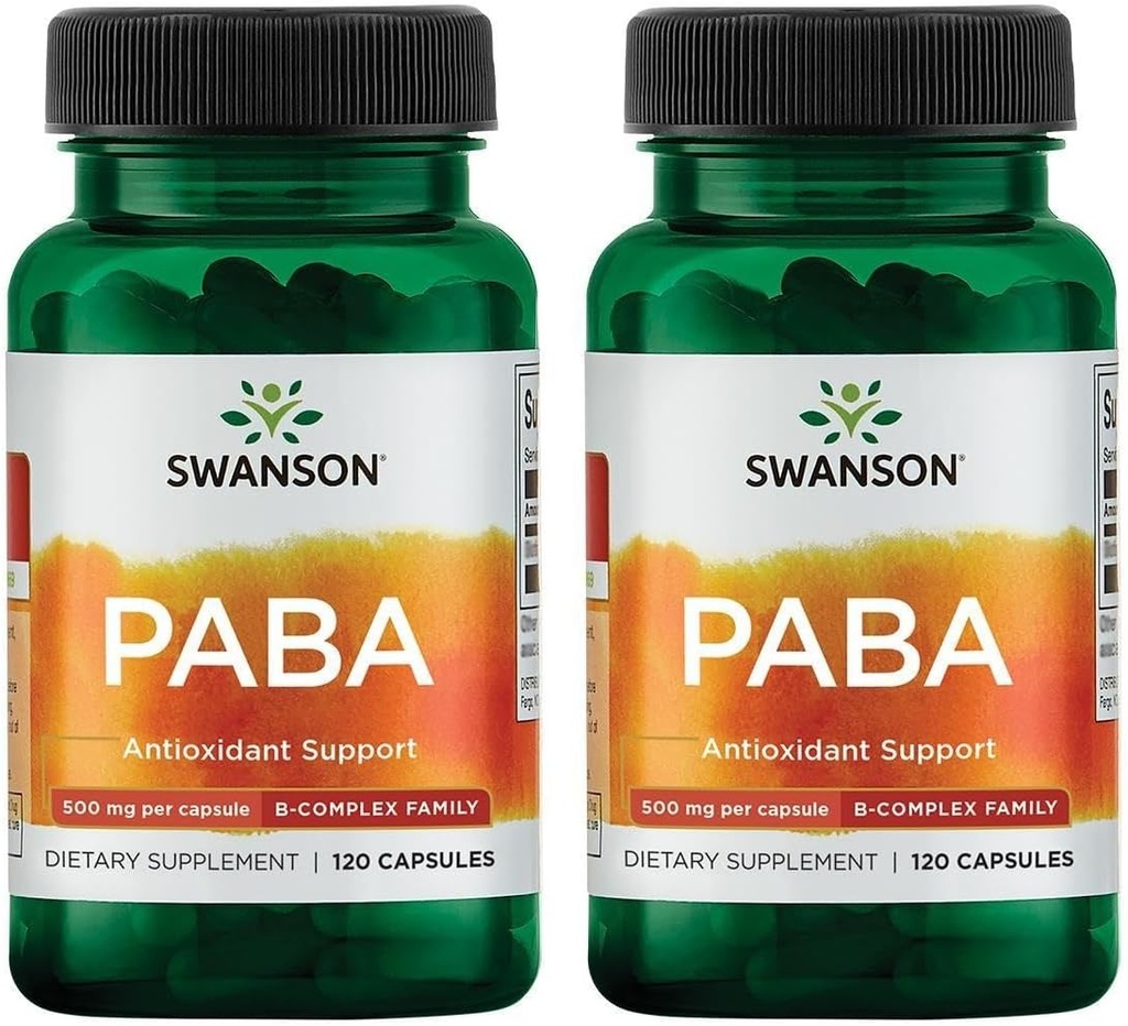Swanson PABA - Powerful B Complex Support Red Blood Cell Dannation - Folinsyre Komponent Hjælpe Supply Oxygen til celler og hud sundhed support - (120 kapsler, 500mg Hver) (2 Pack)