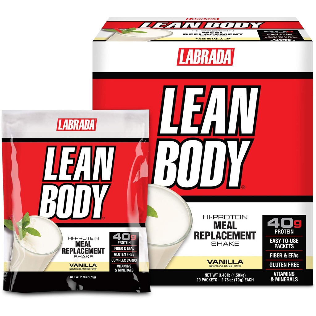 Lean Body MRP All- In- One Vanilla Meal Erstatning Shake, 40g Protein, Whey Blend, 8g Sunde Fats EFA 's & Fiber, 22 Vitamin og Min, Ingen kunstig farve, Gluten Free, (20 Pakets)