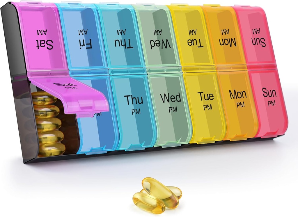 GREENCYCLE Ekstra Stor Ugentlig Pill Organizer 2 gange en dag, 7 dages Pill Box AM PM Medicine Planner Dispenser sag med XXL Segment Home Pill Container for Vitaminer Fish Oil Kosttilskud (Rainbow)