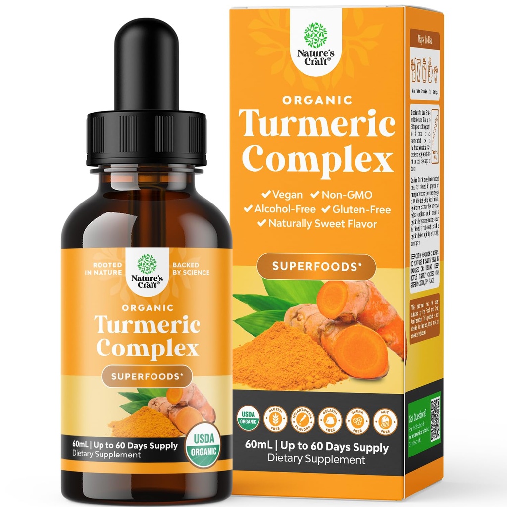 Økologisk Gurkemeje Flydende Drops til voksne - Gurkemeje Curcumin med sort peber, kanel & ingefær Udtræk Væske til fælles smerter, mobilitet & inflation - Curcumin Drops til immunforsvar - 60ml (2oz)