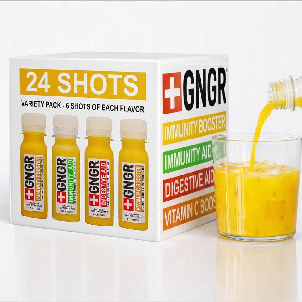 + GNGR 24 Shots Variety Pack of Organic Immunity Boosting Ginger Shots - Cold Pressed Ginger Shots for All Natural fordøjelse og immunforsvar - Nothing Kunstig - USDA Organic 2 fl oz (Pack of 24)