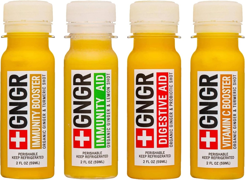 + GNGR 24 Shots Variety Pack of Organic Immunity Boosting Ginger Shots - Cold Pressed Ginger Shots for All Natural fordøjelse og immunforsvar - Nothing Kunstig - USDA Organic 2 fl oz (Pack of 24)