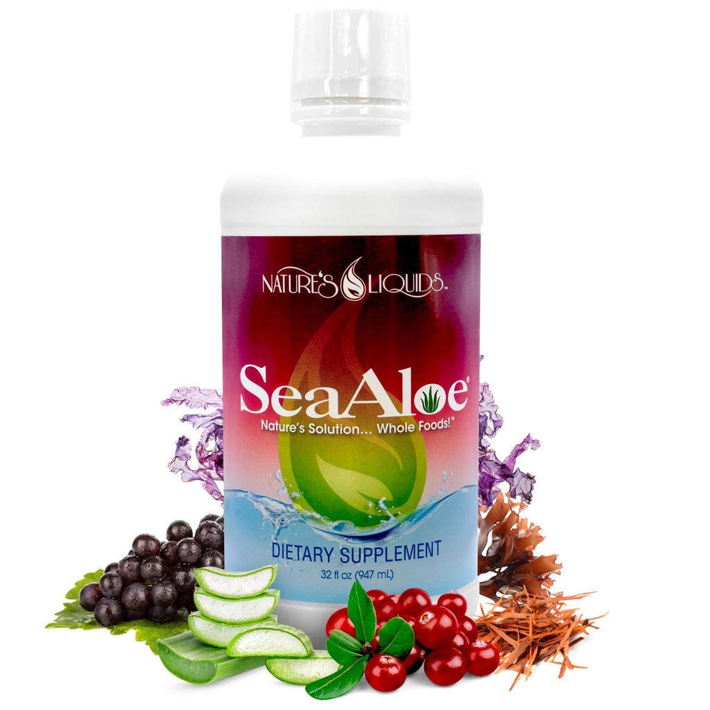 Nature 's Liquids - SeaAloe Flydende Hel Mad, (32 Oz) Flydende Multivitamin og Mineral supplement, Med Aloe Vera, Sea Grøntsager, Pau D' Arco, Til fordøjelse, immunforsvar & Thyreoideafunktion - 1 flaske