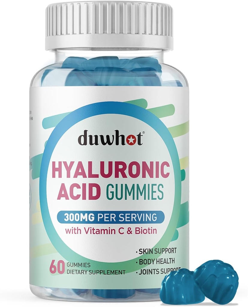 Hyaluronsyre Gummies, Hyaluronsyre Kosttilskud med C-vitamin & biotin 5000mcg til hud, hår, negle sundhed, Joints Kosttilskud til kvinder og mænd, lavt sukker, Vegan, non-GMO, 60 Counts