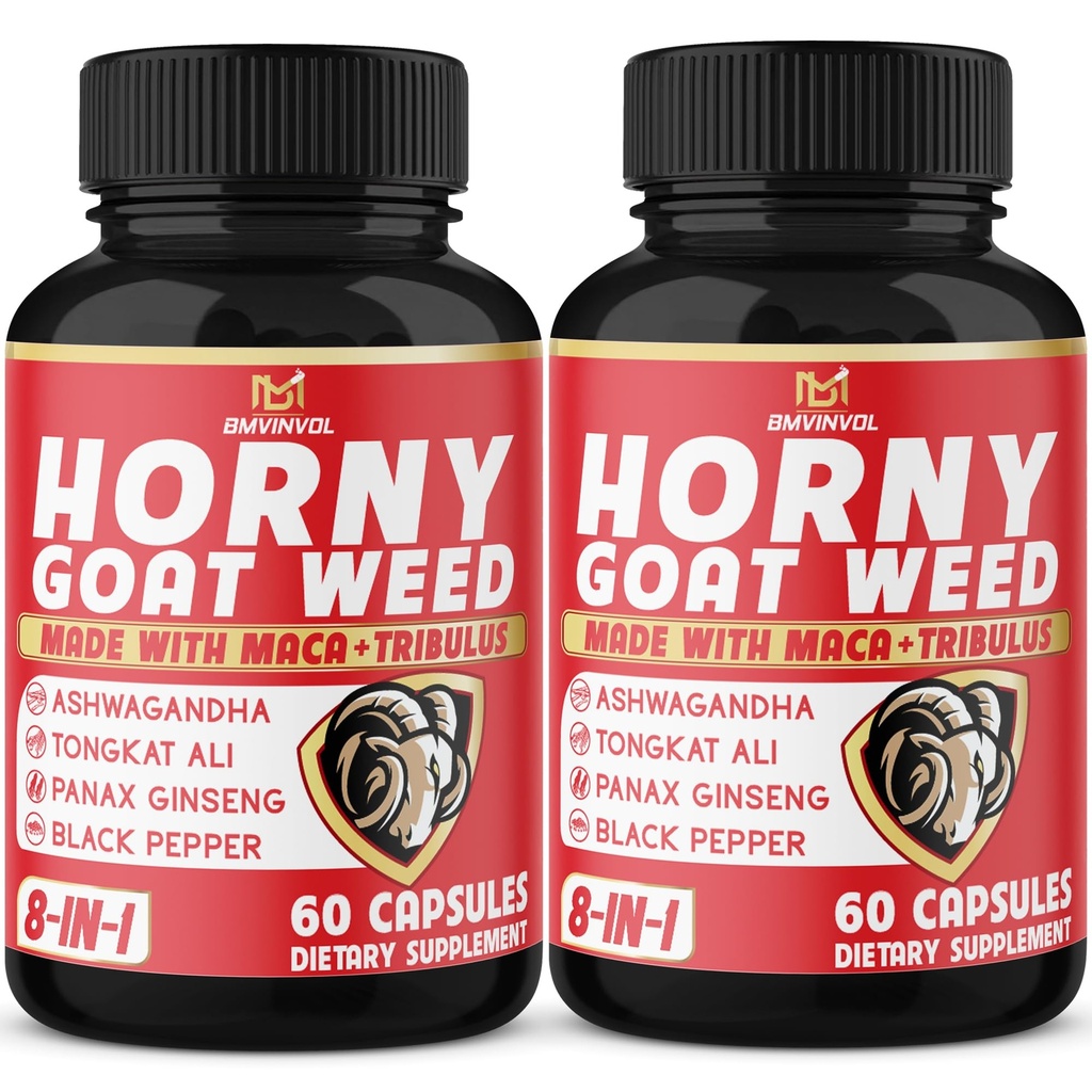 BMVINVOL (2 Pakker) Horny Geder Weed Kapsler med Maca, Tribulus, Ginseng. Ashwagandha, Tongkat Ali - 8-in-1 for Support Energy Nivels