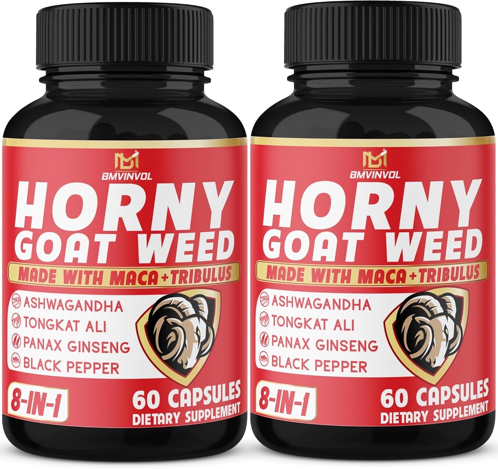 BMVINVOL (2 Pakker) Horny Geder Weed Kapsler med Maca, Tribulus, Ginseng. Ashwagandha, Tongkat Ali - 8-in-1 for Support Energy Nivels