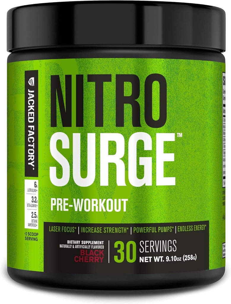 Jacked Factory NITROSURGE Pre Workout Supplement - Endeløs energi, Instant Strength Gains, Clear Focus og Intensive Pumper - NO Booster & Kraftfuld Preworkout Energy Powder - 30 Servering, Black Cherry