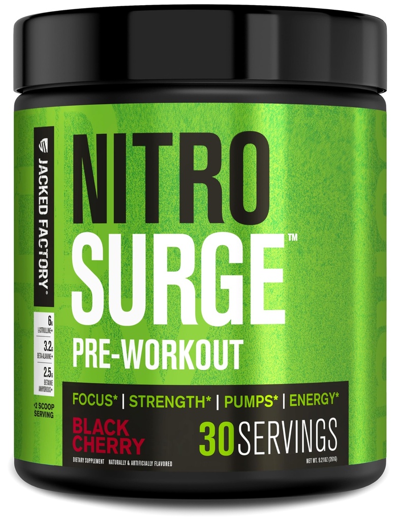 Jacked Factory NITROSURGE Pre Workout Supplement - Endeløs energi, Instant Strength Gains, Clear Focus og Intensive Pumper - NO Booster & Kraftfuld Preworkout Energy Powder - 30 Servering, Black Cherry
